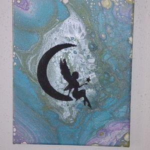 Hand made pour painting 8"x10"x1/2" using purple, blue, and white.